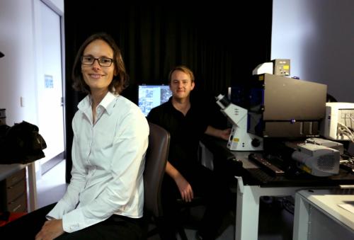 A road less travelled... Professor Kat Gaus with post-doctoral student Dr Elvis Pandžić. Photo: Grant Turner/ Mediakoo
